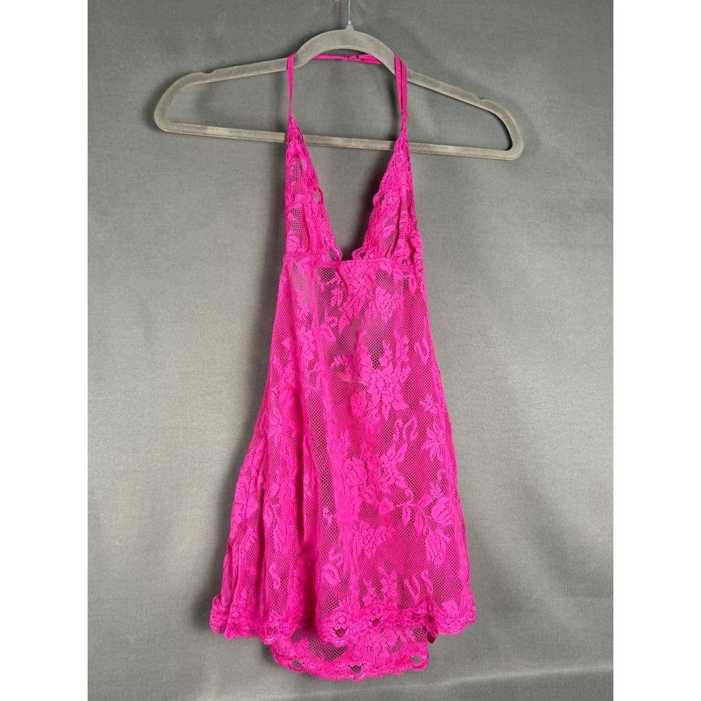 Victoria's Secret Babydoll Women Small Hot Pink Floral Lace Halter Sheer 15084